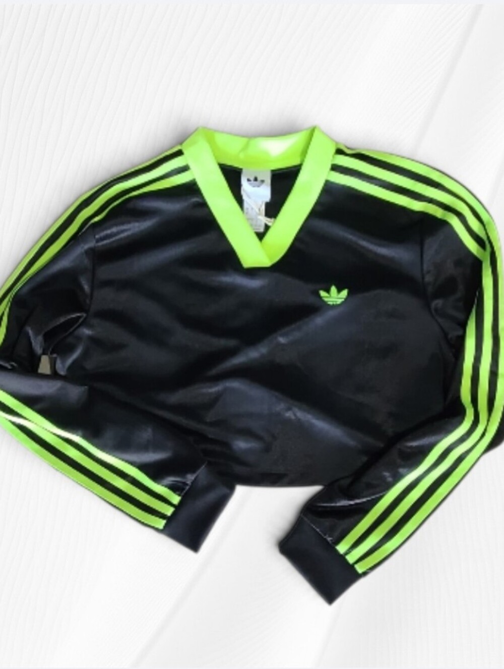 Adidas Originals Cropped Jersey Top Black Lime Neon Green Stripes Small